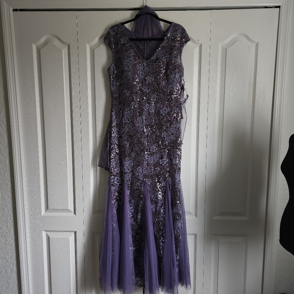 Alex Evening Elegant Purple Lace Evening Gown - Size 12
